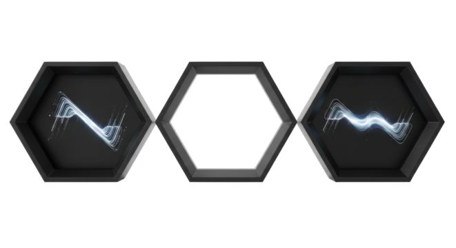 Three identical, sleek, modern hexagonal frames with futuristic blue-white glow on transparent studio background, crisp high-key lighting, advanced display technology concept