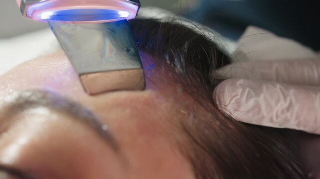 Close up of skin care specialist gliding electric massager across client skin during spa treatment showcasing relaxing therapeutic massage under soft natural lighting for rejuvenation