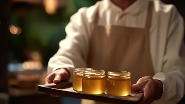 Beekeeper Labeling Honey Jars for Local Market Sustainability