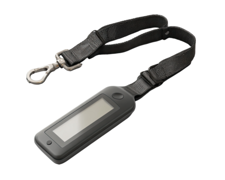 A black, rectangular, handheld device with a small screen and a lanyard.  The device has a clip