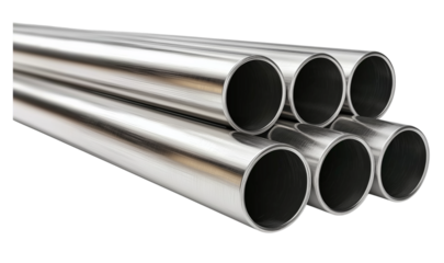 Stainless steel pipe on a solid white background, ideal for industrial and construction themes