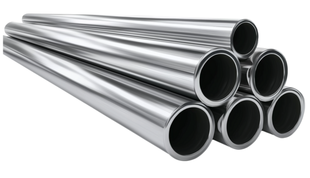 Stainless steel pipe on a solid white background, ideal for industrial and construction themes