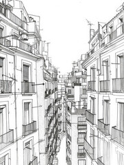 The image is a drawing of a city street with a view of the buildings