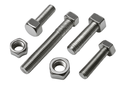 A set of various bolts and nuts, made of stainless steel material, against a white background