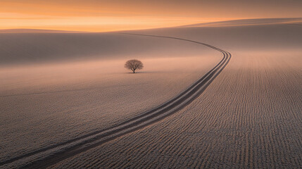 Fototapeta premium Serene Sunrise, Isolated Tree, Rolling Fields, Photography, Foggy Landscape, Aerial View, Tranquility