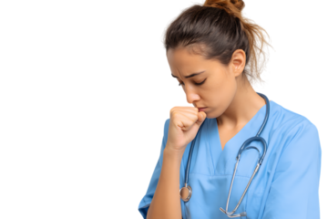 Young female nurse coughs, feeling ill.