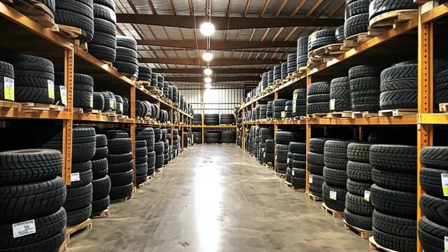 inside a tire warehouse showing rows of tires stacked on shelves perfect for automotive or industry use