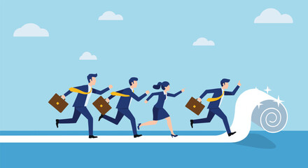Businesspeople running forward, career ambition, teamwork success, leadership drive, corporate progress, goal pursuit, motivation, achievement, scroll path, competition