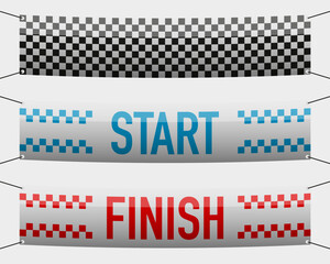 Set of race banners with START, FINISH, and checkered flag designs, hanging on ropes, isolated on light background, ideal for sports themes.