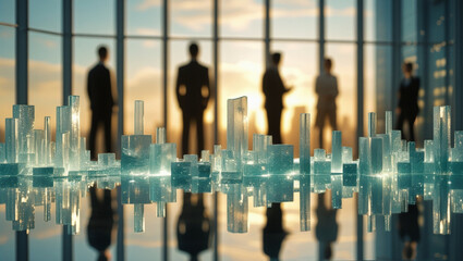 Abstract Glass Cityscape with Reflections and Business People at Golden Hour