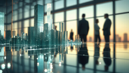 Abstract Glass Cityscape with Reflections and Business People at Golden Hour