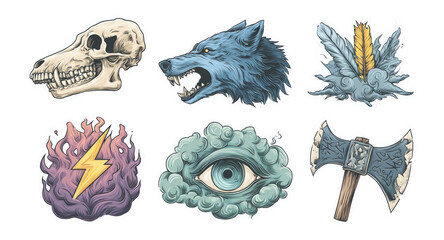 Skull and Wolf Illustrations with Various Fantasy Elements Design