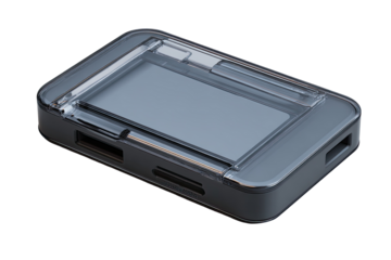 A gray rectangular device case with a clear plastic cover.  Ports visible underneath