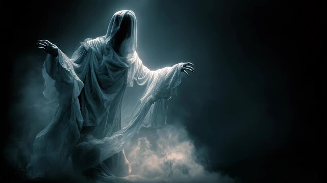 Evil halloween ghost avatar with open mouth coming towards you scary spooky horror background.