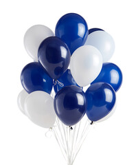 A cluster of navy blue and white balloons.