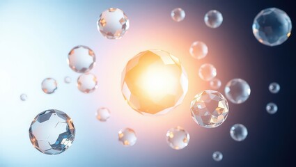 Floating faceted spheres with light emanating from a central sphere in a blue gradient background