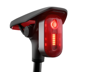 Bicycle rear light mounted on seat post.  A modern, integrated bike light system with red LED indicators and a dark gray/black design
