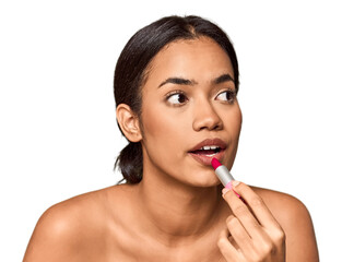 Filipino woman applying lipstick, beauty touch