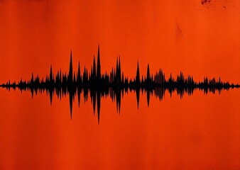 A striking abstract design featuring a black audio waveform pattern centered on a vibrant, textured red-orange background.