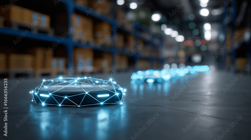 Poster ai-driven warehouse management with robotic vehicles, representing route optimization, demand foreca