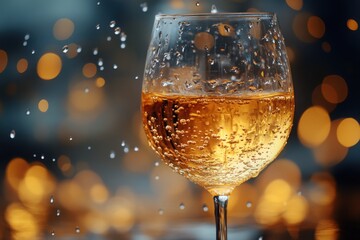 A glass of wine with droplets and blurred light spots
