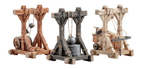 Three Medieval Siege Weapons on Transparent Background Isolated