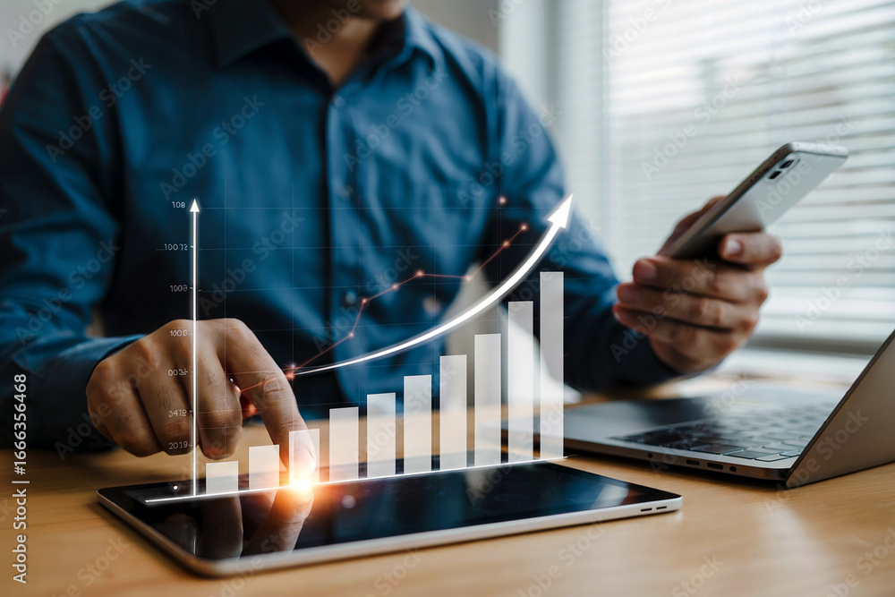 Poster professional business analytics and data insights with digital charts and graphs on tablet and smart
