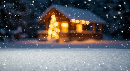 Fototapeta premium Cozy Winter Cabin: Christmas Eve Snowfall