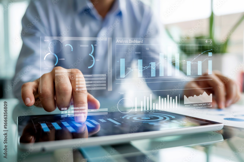 Poster hands of a business professional interacting with a futuristic holographic data dashboard displaying
