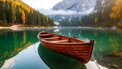 Obraz premium Wooden Rowboat on Serene Alpine Lake, Autumn Colors.