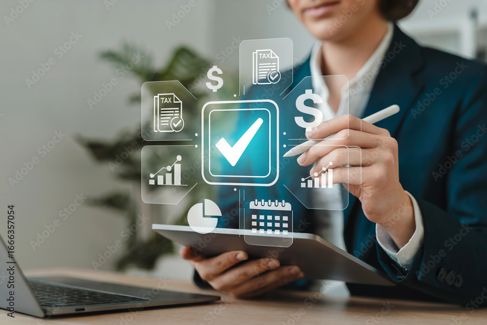 Poster business professional using digital tablet and stylus analyzing financial data charts graphs with gl