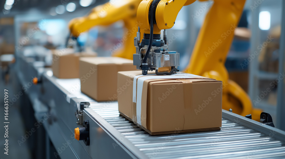 Poster automated packaging systems with robotic arms for efficient fulfillment, highlighting real‑time trac