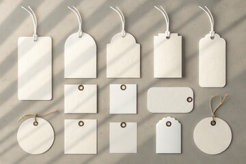 Collection of blank paper labels and tags set on minimal studio background for branding