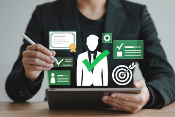 Professional business person interacting with digital interface showcasing candidate profile with skills achievements and goals for hiring and recruitment