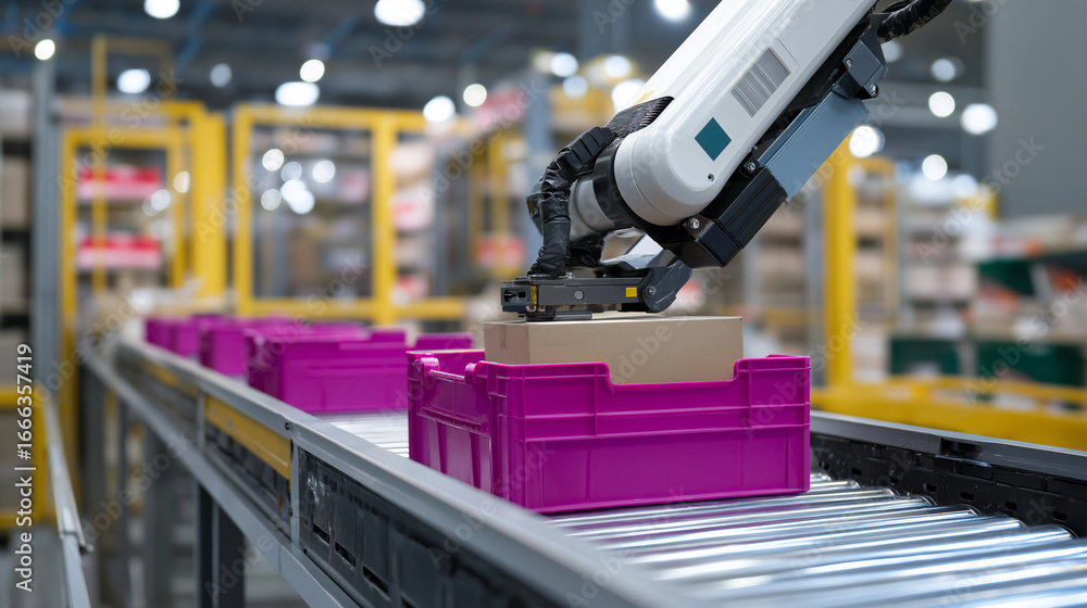 Poster automated returns processing facility with robotics and efficiency, representing route optimization,
