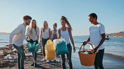 A cheerful group participating in a beach clean-up activity. - Powered by Adobe