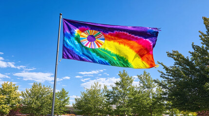 Vibrant Rainbow Flag Flying in Bright Blue Sky, Outdoors, Daytime, Cultural Significance
