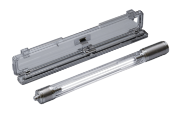 Clear rectangular enclosure houses a long, cylindrical, glowing tube