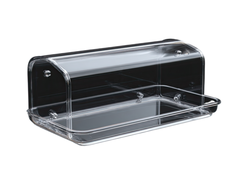 Clear acrylic bread box,  a transparent rectangular container with a hinged lid
