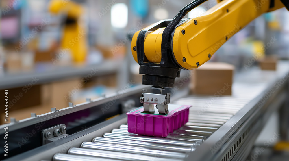 Poster advanced robotic kitting system for precision order fulfillment, showcasing smart logistics, predict