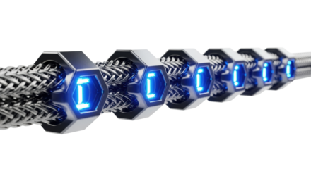 Sleek, dark chrome network cable with glowing electric blue hexagonal nodes and braided metallic segments, extending horizontally on a transparent background, concept of advanced digital connectivity