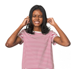 Portrait of a young Indian woman covering ears with hands.