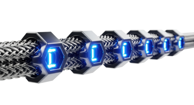 Sleek, dark chrome network cable with glowing electric blue hexagonal nodes and braided metallic segments, extending horizontally on a transparent background, concept of advanced digital connectivity