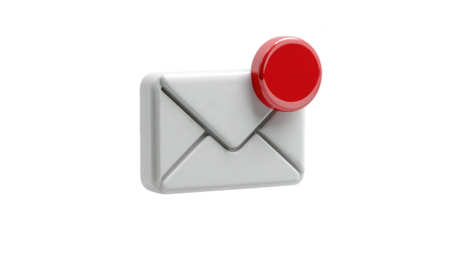3D white email icon with a red notification dot, isolated on black
