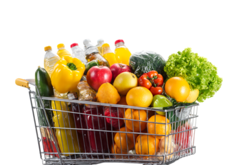 Full shopping cart with fresh produce and drinks.
