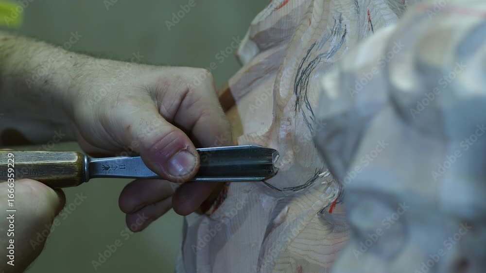 Poster close up of skilled hands meticulously carving intricate details into a sculpture using a sharp chis