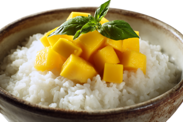 Mango sticky rice in a bowl, garnished with basil.