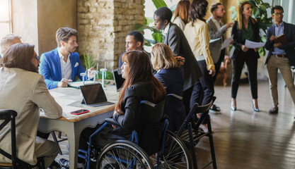 Multiracial people working on business green energy project - Corporate, team meeting and disability concept - Focus on asian woman face