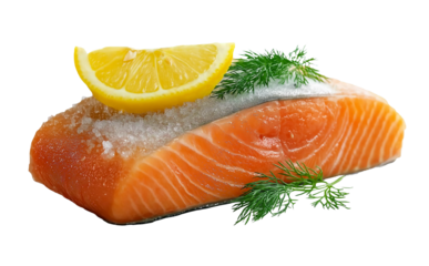 A piece of salmon with lemon slices, cutout