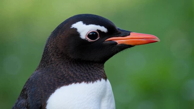 Gentoo Penguin Portrait in 4K Video A captivating close-up of an alert Gentoo Penguin, showcasing its unique eye patch and vibrant beak in stunning detail